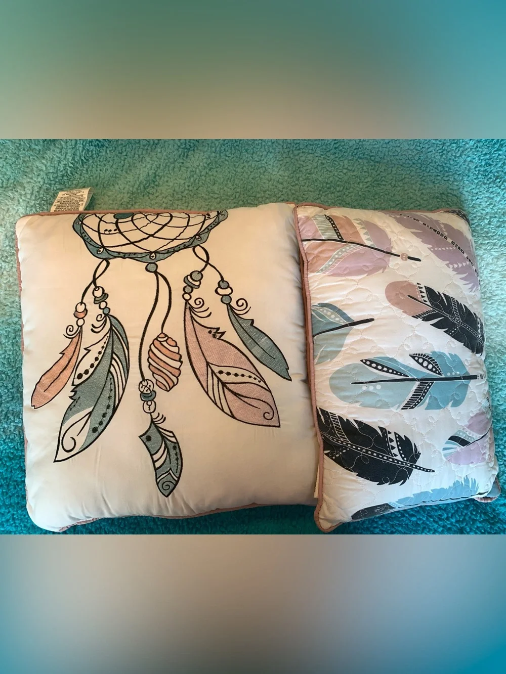 Dreamcatcher & Feather Decorative Throw Pillow - set of 2-Pink, Teal, Black